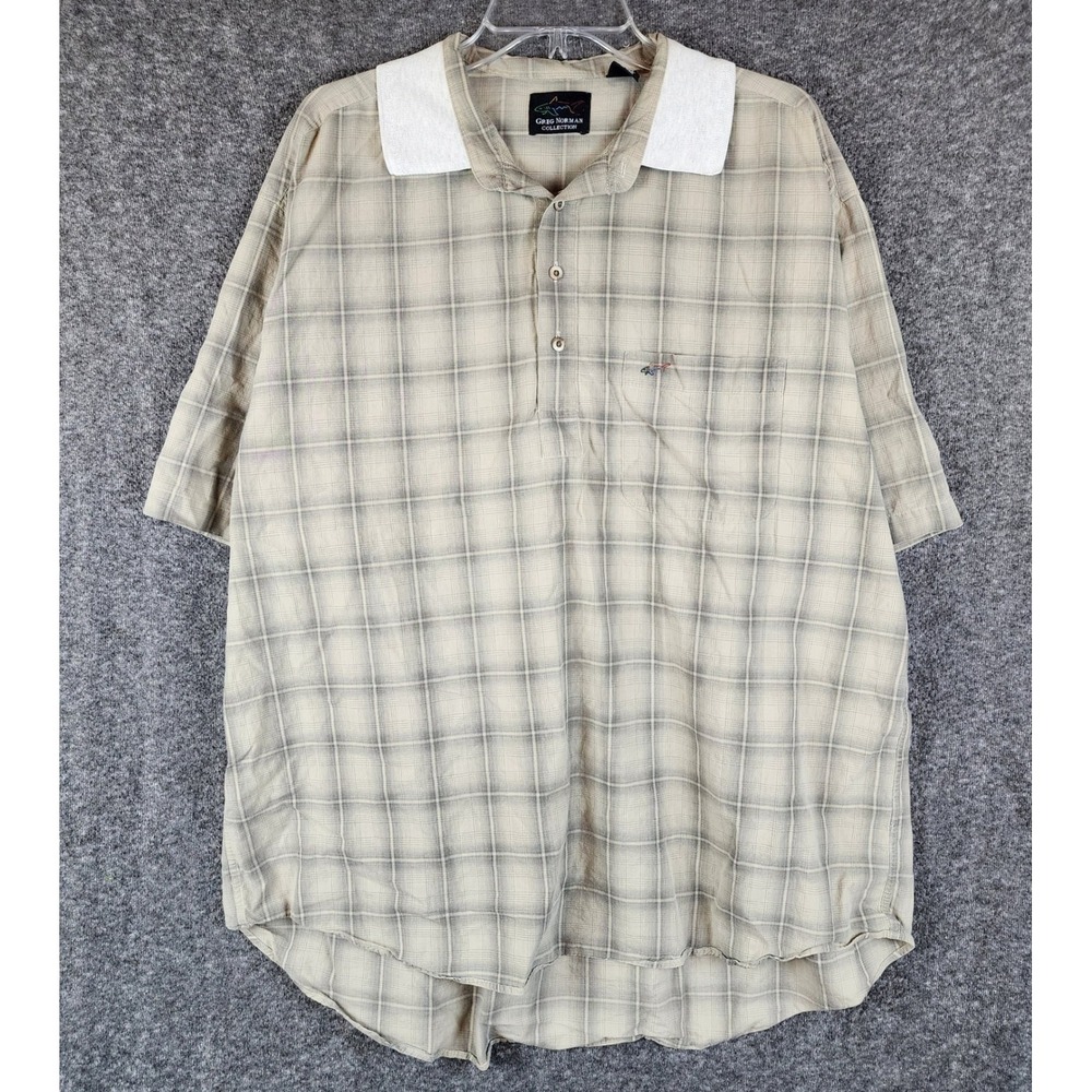 Greg Norman Polo Shirt Mens XL Tan Grey Plaid Short Sleeve Cotton Golf EUC